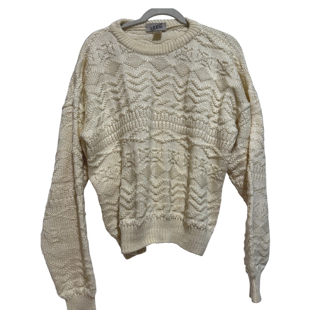 Vintage MODZ Italy Cream Fisherman Chunky Knit Crewneck Sweater Mens Sz L Coogi